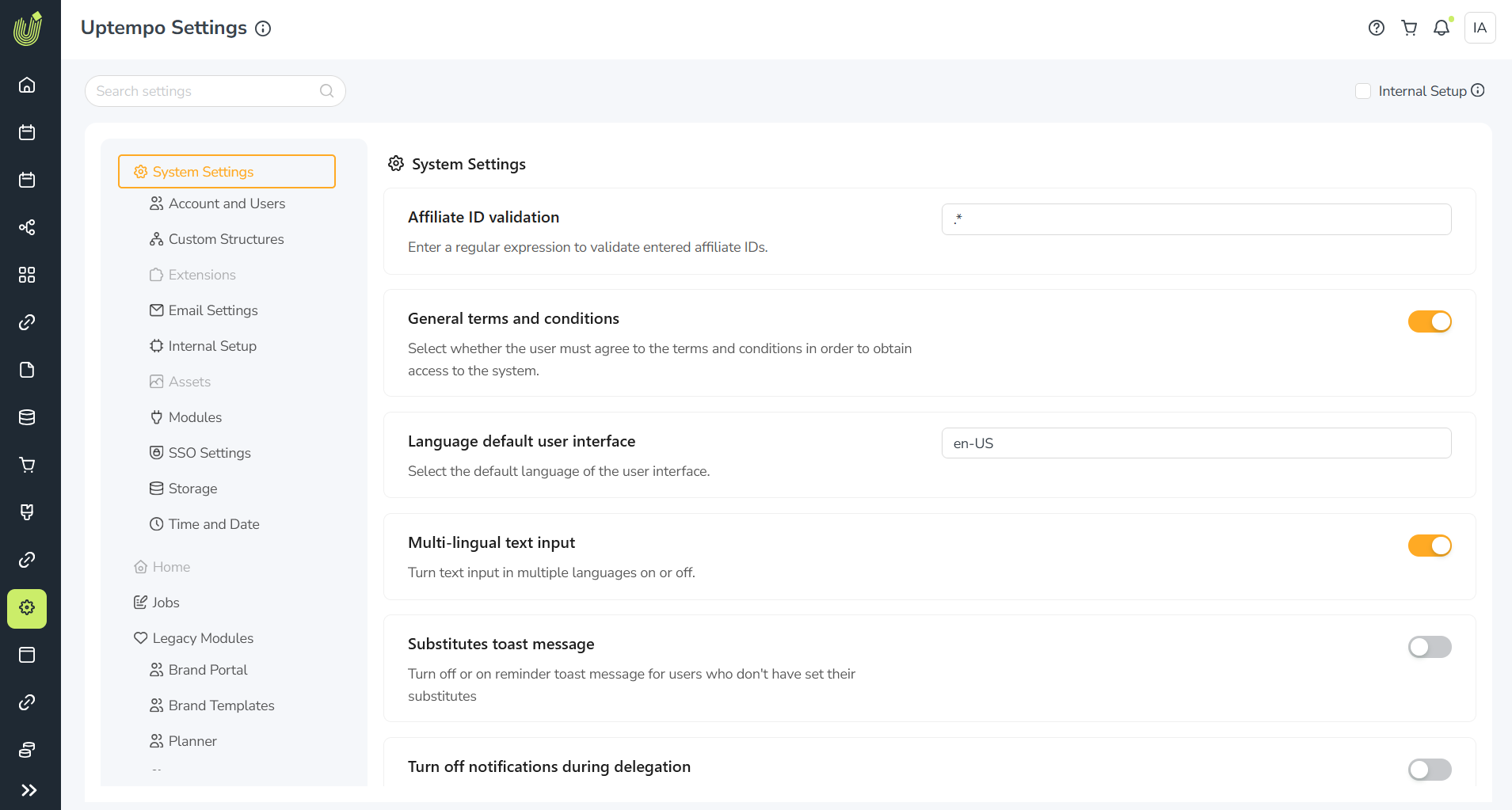 Admin uptempo settings Admin uptempo settings