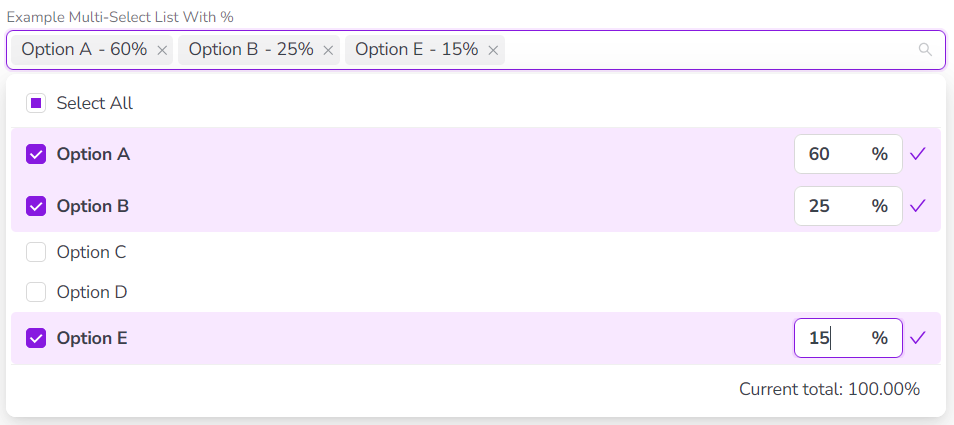 Attribute Type Example Multi Select Percentage