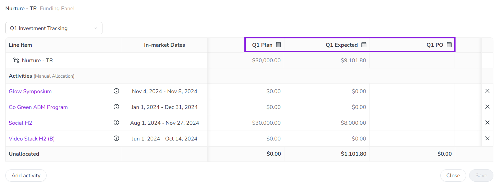 Calculated columns funding panel