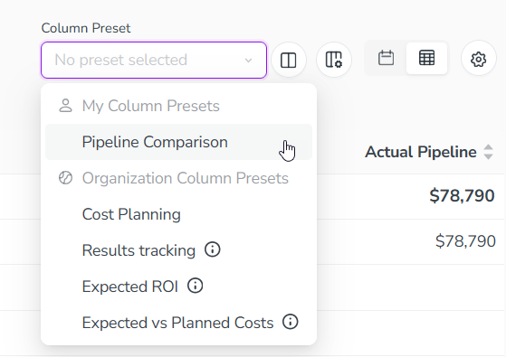 Column presets Column presets