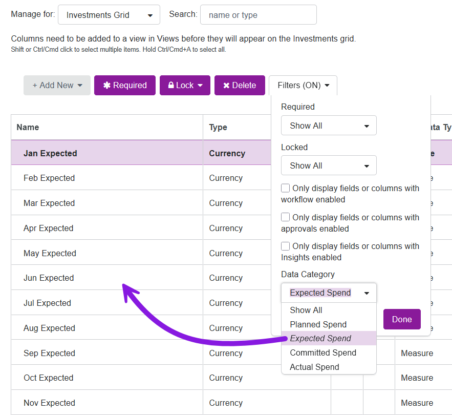 Data category column filter Data category column filter