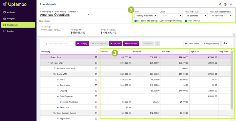 Investment tab workspace