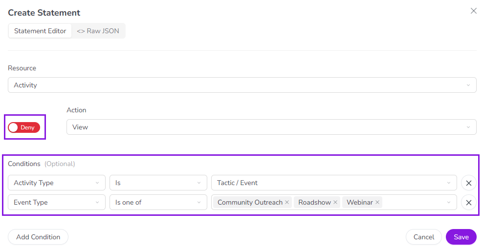 Statement editor conditions Statement editor conditions
