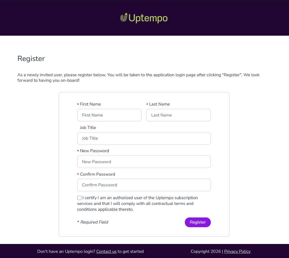 Uptempo register user form Uptempo register user form